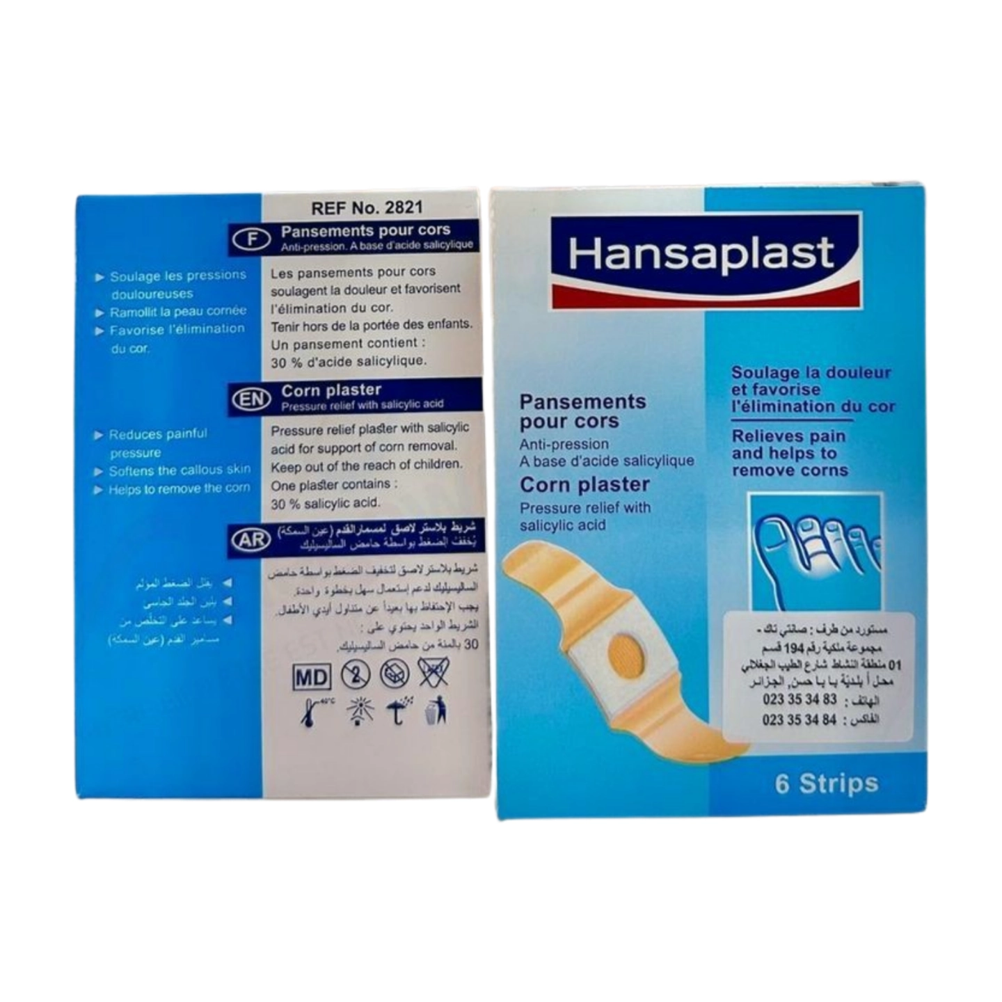 Pansements Hansaplast pour cors, visibles sur l'image, conçus pour protéger, adoucir et favoriser la cicatrisation des zones douloureuses du pied. Ils visent à améliorer le confort et faciliter la marche.