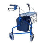 Déambulateur pliable à 3 roues, avec assise, panier et freins. Design stable et confortable pour une marche facilitée et sécurisée.