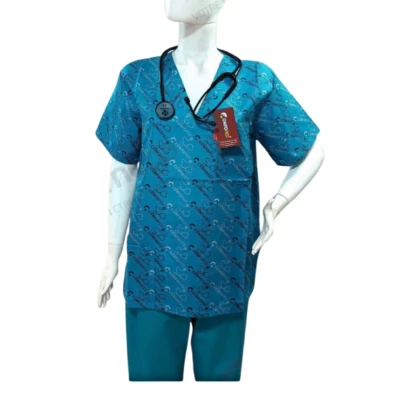 Tenue de bloc Confoped en bleu vert avec un motif de stéthoscope. Vêtement professionnel conçu pour les infirmières, médecins et étudiants en santé, alliant confort, style et résistance.
