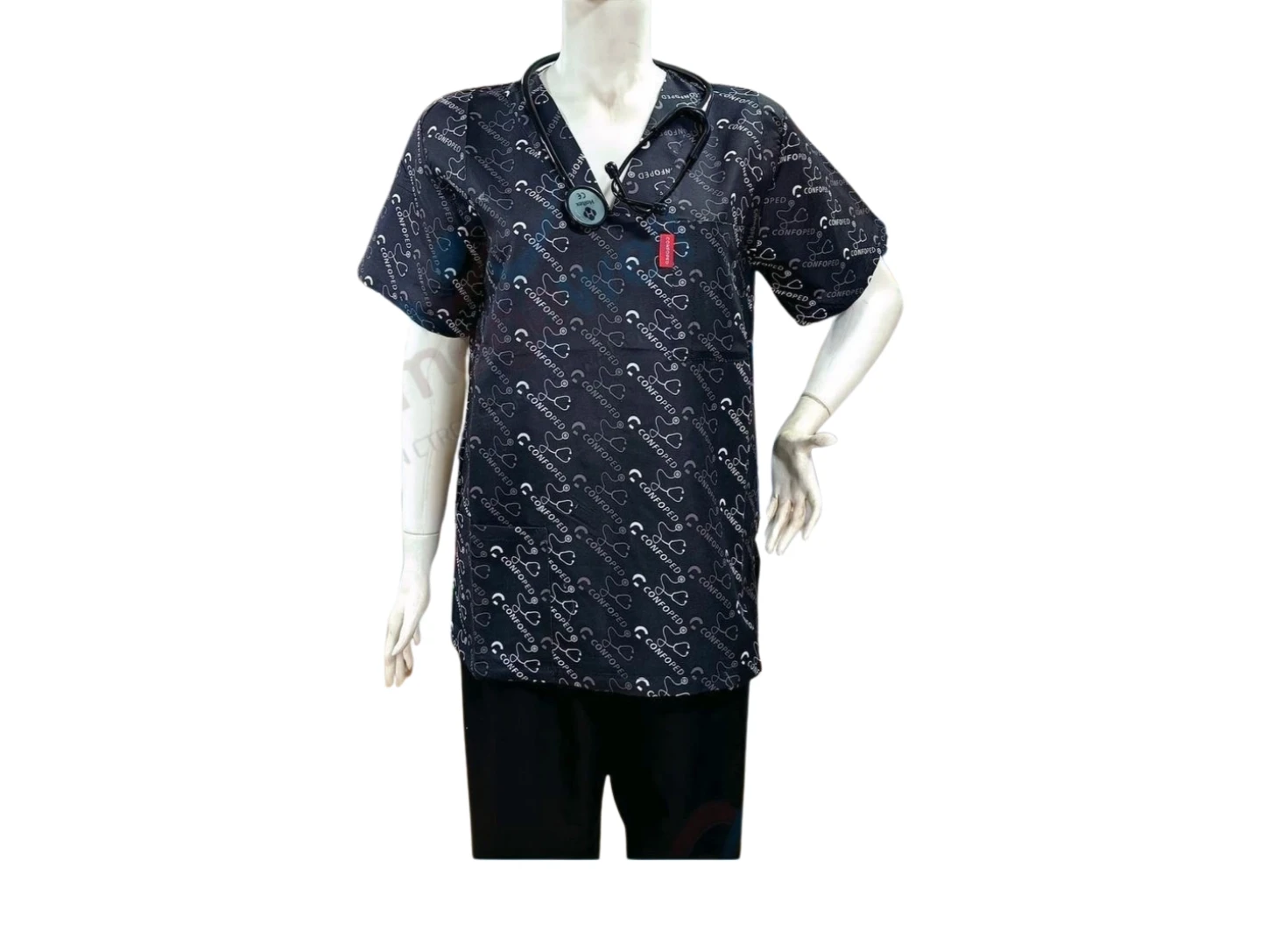 Tenue de bloc Confoped pour professionnels de santé : blouse élégante et confortable en tissu respirant (60% coton). Le motif subtil de stéthoscopes ajoute une touche professionnelle. Coupe adaptable et facile à entretenir. #infirmière #médecin.
