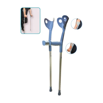 Canne anglaise grise réglable en aluminium. Poignée ergonomique et pied antidérapant visibles. Conçue pour une mobilité et un confort personnalisés.