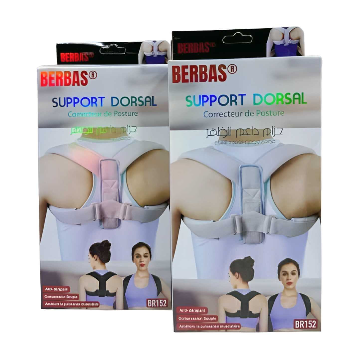 Support dorsal BR152 Berbas, visiblement réglable et conçu pour soutenir le dos. Il apparaît discret et ergonomique, suggérant un port confortable et une amélioration de la posture.