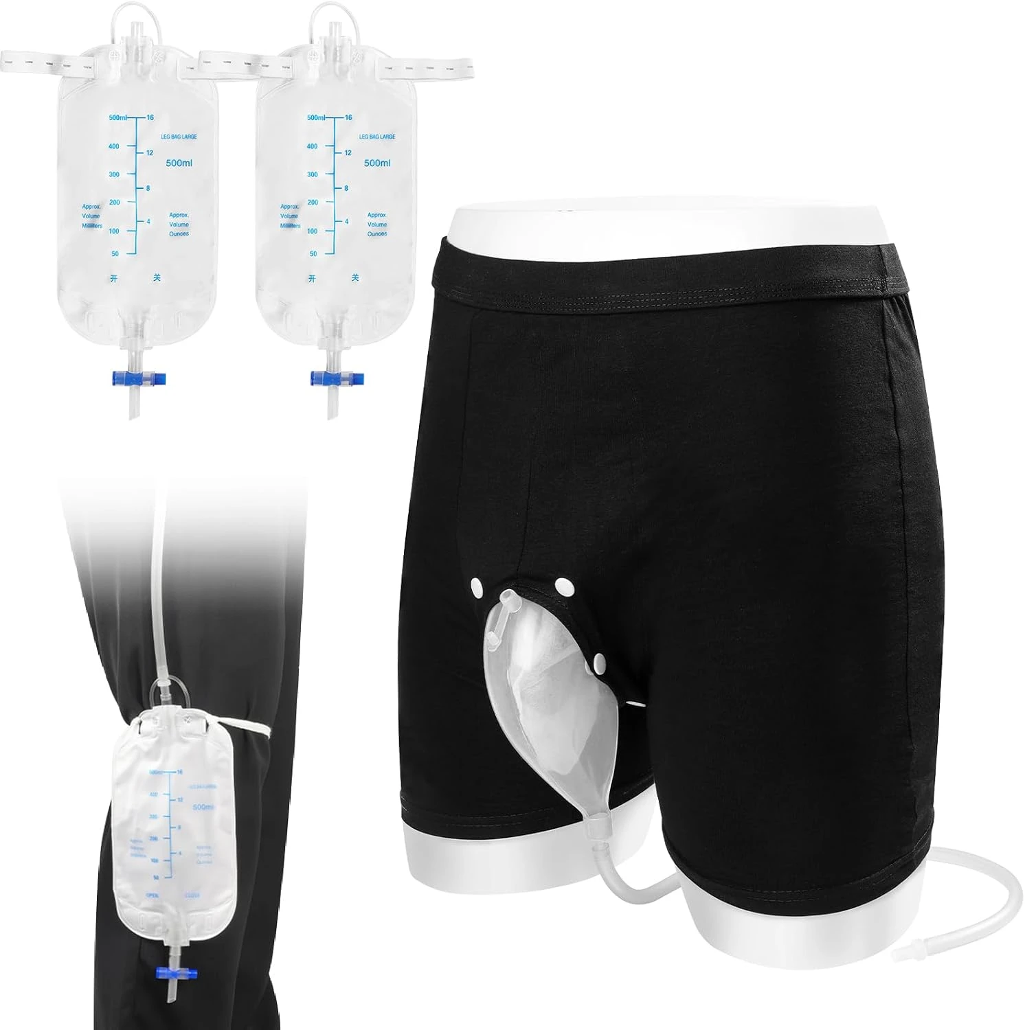 Collecteur d’urine homme 1000 ml et 2000 ml : caleçon boxer noir avec poche collectrice transparente et sacs de jambe grande capacité gradués, sangles et robinet de vidange pour incontinence discrète