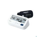Tensiomètre Omron M3 Comfort AFib noir avec brassard Intelli Wrap gris, écran LCD allumé affichant une mesure de tension