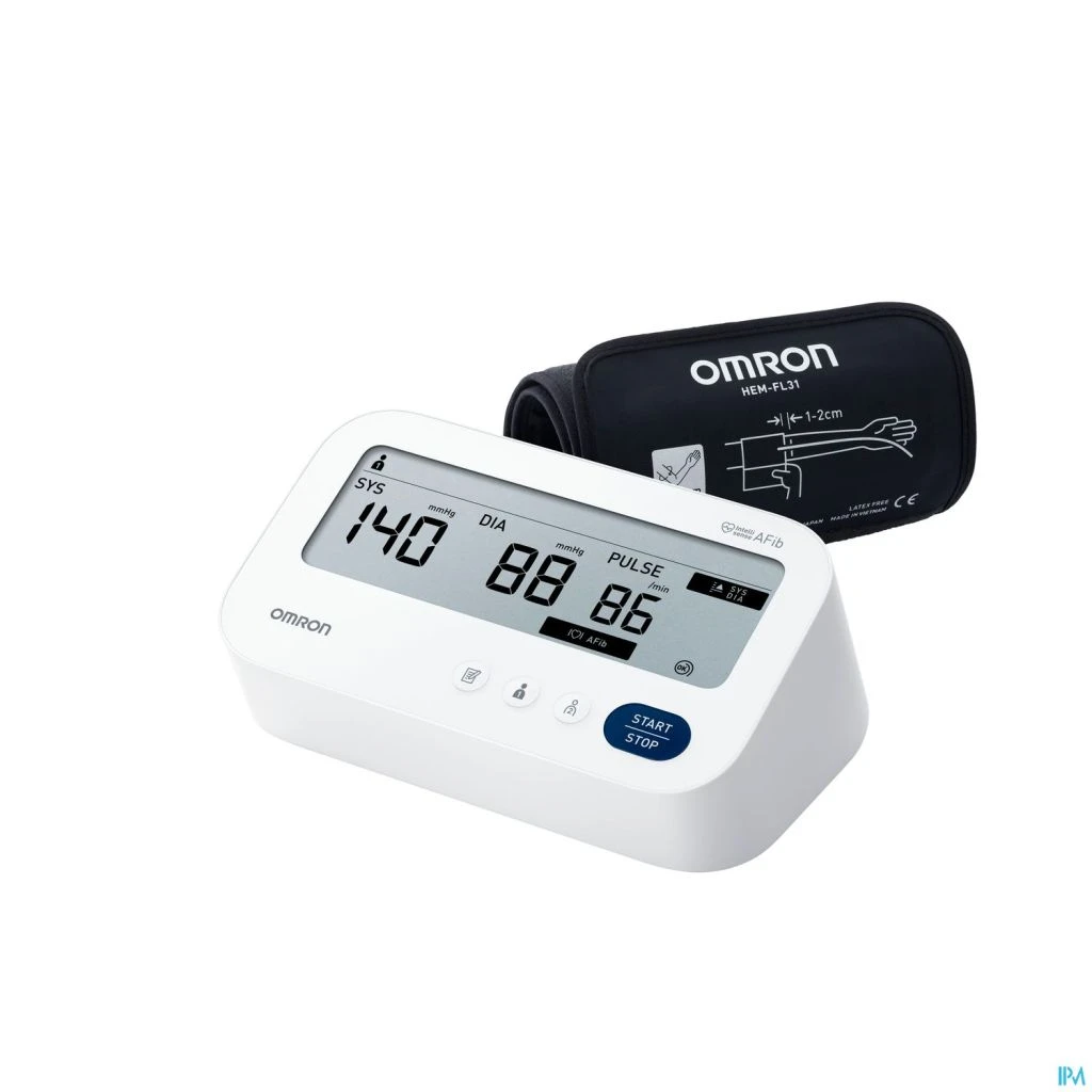 Tensiomètre Omron M3 Comfort AFib noir avec brassard Intelli Wrap gris, écran LCD allumé affichant une mesure de tension