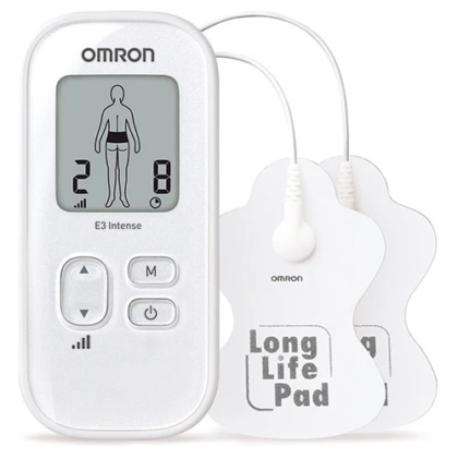 Neurostimulateur Omron E3 Intense modèle HV-F021-E4W, appareil TENS portable blanc avec écran LCD et électrodes Long Life pour le soulagement des douleurs musculaires et articulaires